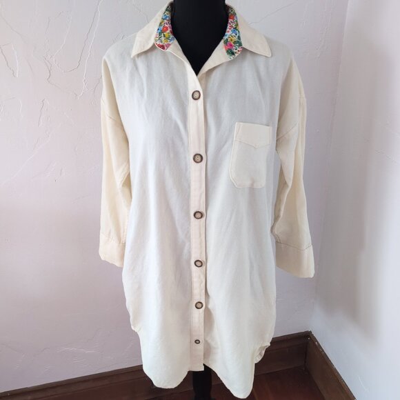 Rifle Paper Company Floral Trim Wool Blend Long-Line Button Up Tunic Off White - Picture 2 of 16